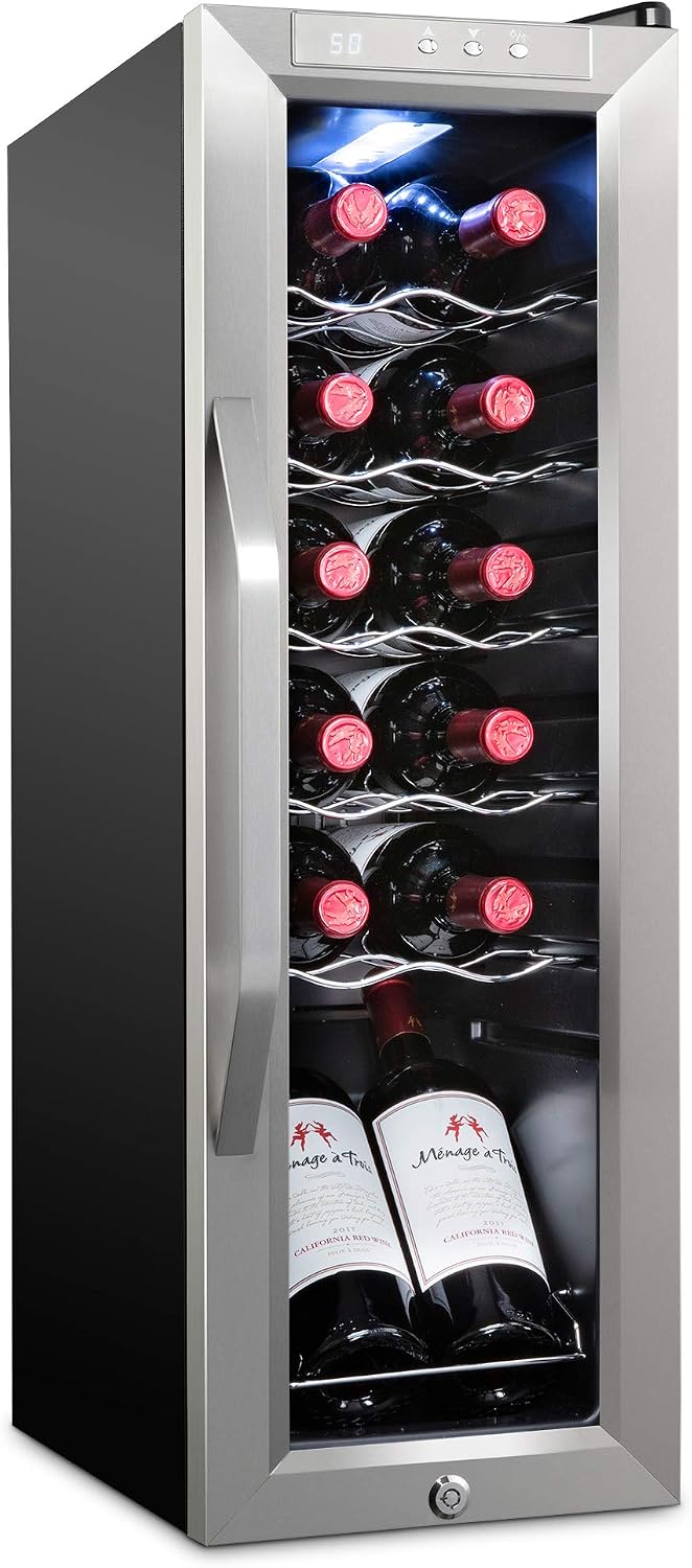 Ivation 12 Bottle Compressor Wine Cooler Refrigerator w/Lock | Large Freestanding Wine Cellar Fridge For Red, White, Champagne or Sparkling Wine | 41f-64f Digital Temperature Control Stainless Steel