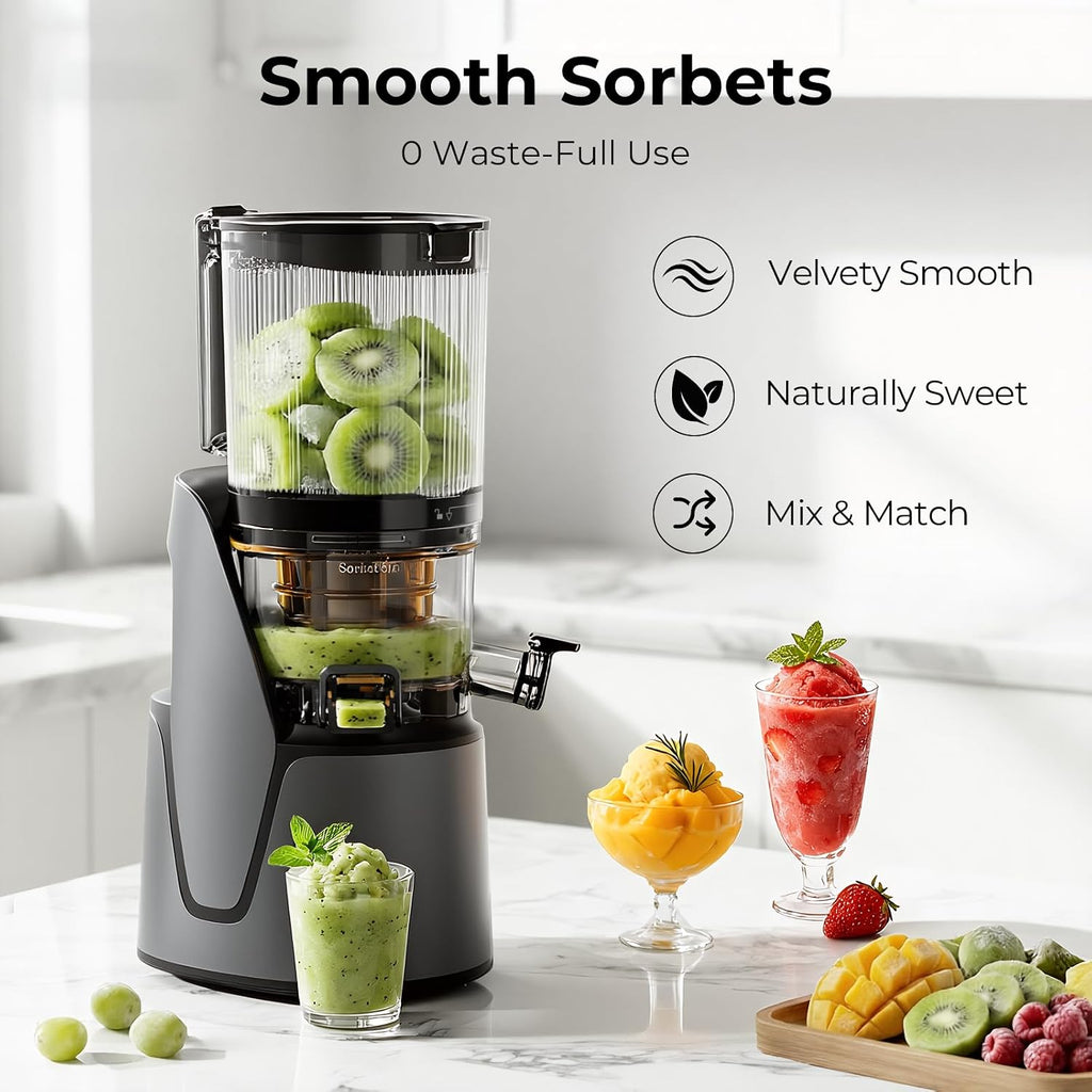 EanOruus Juicer Machines, 3-in-1 Cold Press Juicer with 6.5' Extra Large Chute, 100oz Large Capacity, AC Motor, Makes Juice, Nut Milk & Sorbet, Premium Gray