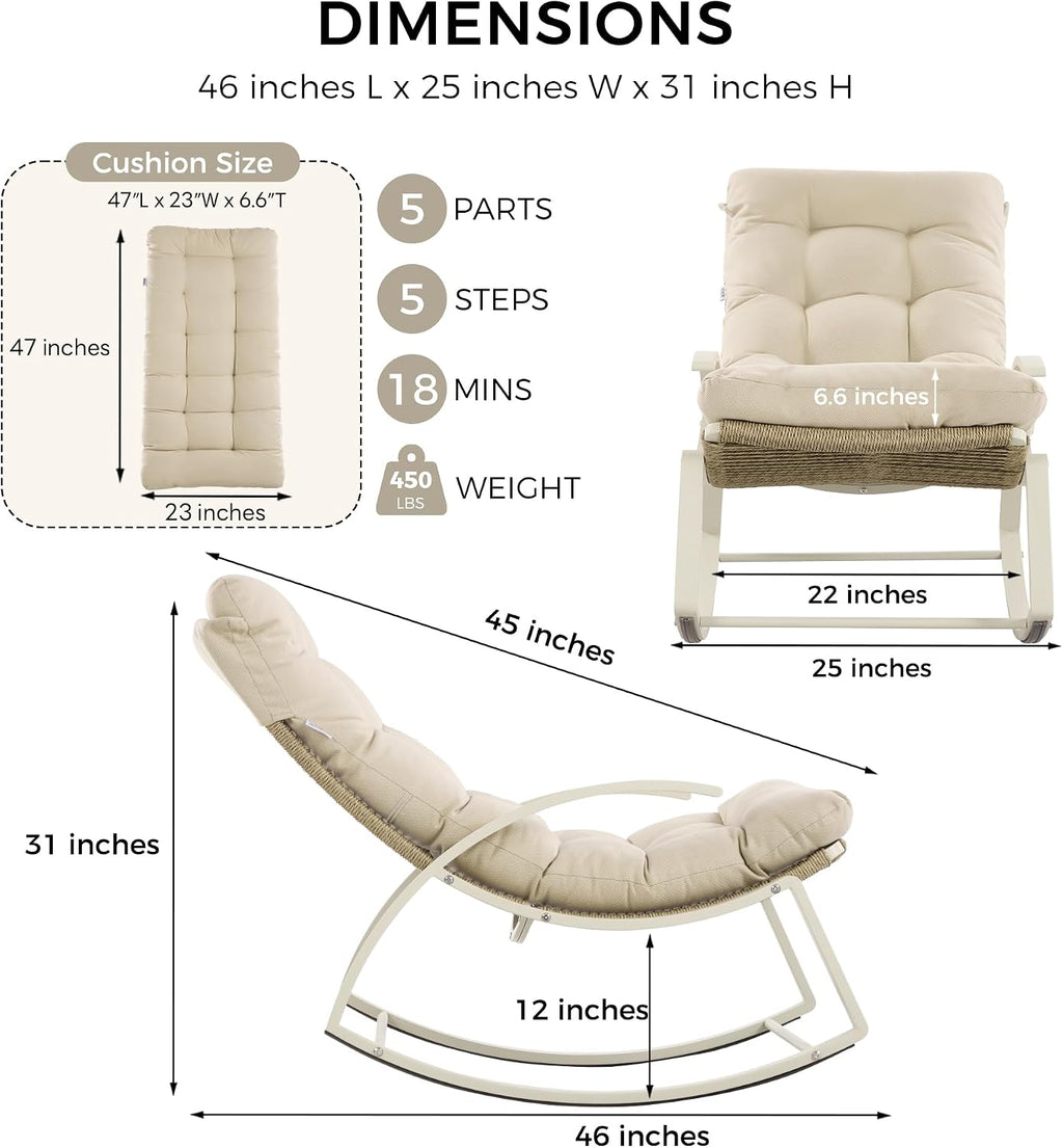 IRONCK Patio Rocking Chair, Outdoor Rocking Chair with Armrest and Cushion, Handwoven Twisted Rattan Rocker for Indoor Living Room Balcony Garden Porch, Beige