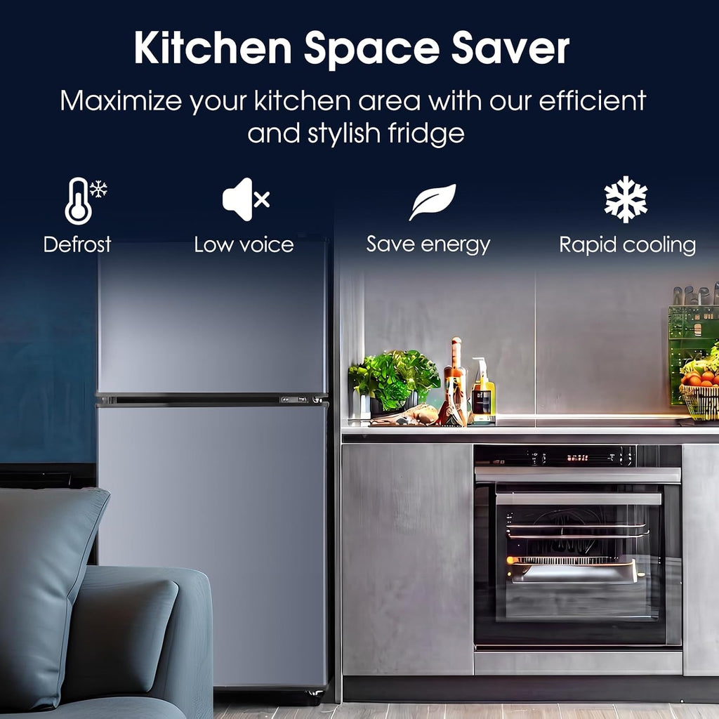 Anypro Fridge with Freezer, 2.9 Cu.Ft Double Door Refrigerator with 7-Level Temperature Control, LED Light, Adjustable Shelves for Bedroom, Office, Dorm, and Apartment, Blue Silver