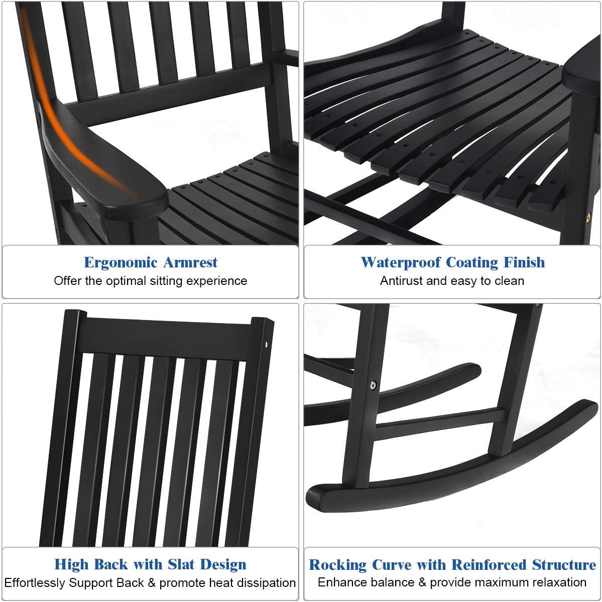 Giantex Rocking Chair Acacia Wood Frame Outdoor& Indoor for Garden, Lawn, Balcony, Backyard and Patio Porch Rocker (1, Black)