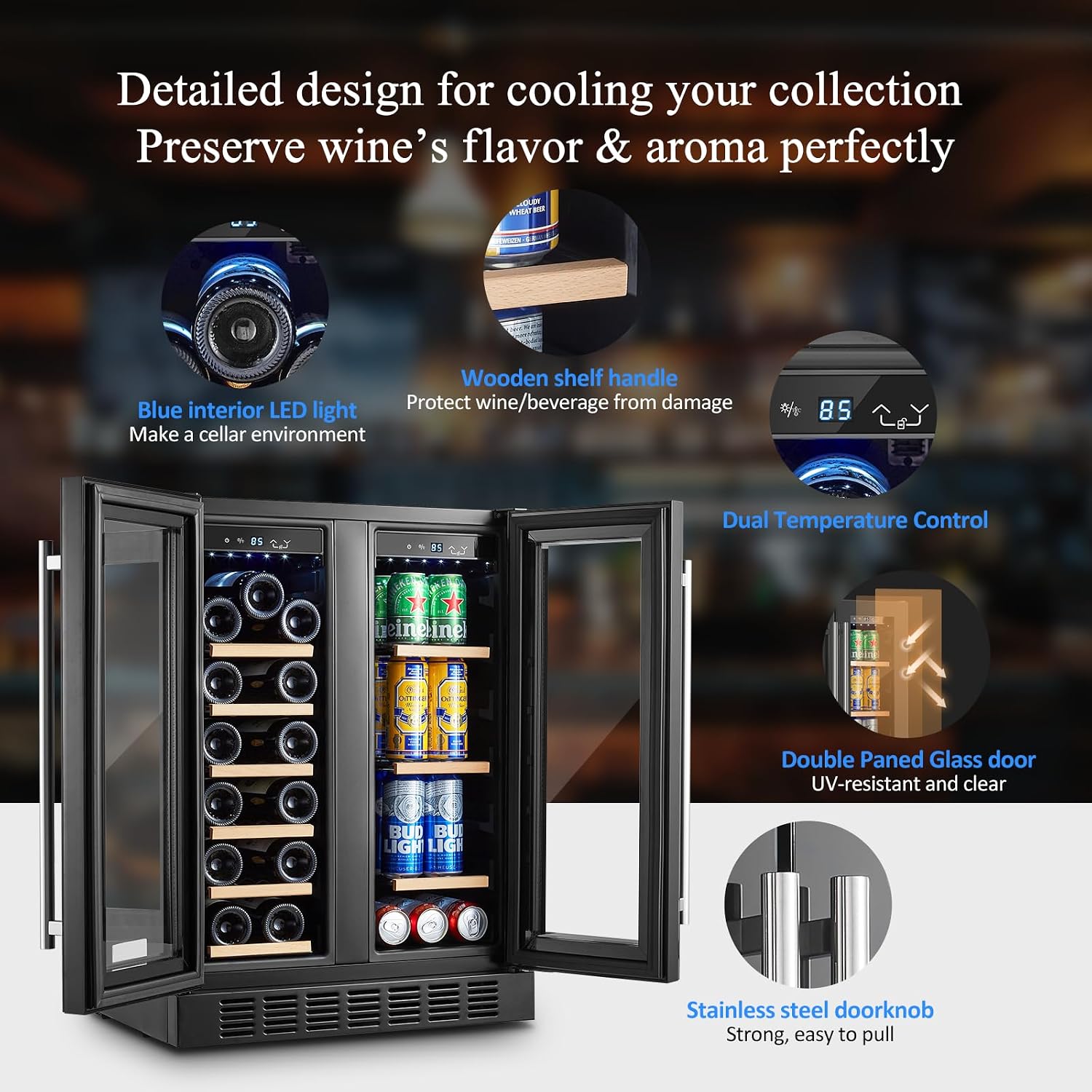 BODEGA Beverage Refrigerator Black, 24 Inch Dual Zone Wine and Beverage Cooler Under Counter, Drink Fridge for Beer, Soda, Wine, Champagne, Holds 41 Cans and 17 Bottles