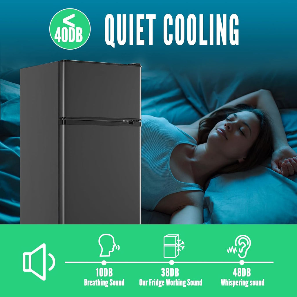 WANAI Mini Fridge with Freezer, 3.5 cubic feet 2- Doors Small Refrigerator Features 7 Gear Mechanical Control, Side Bottle Rack, LED Light, 2 Glass Removable Shelves, Crisper Drawer, Dark Grey