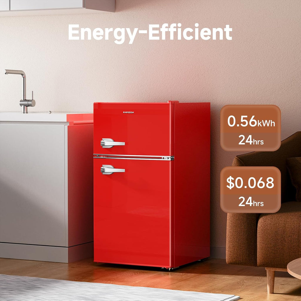 BANGSON 3.2 CU.FT Mini Fridge with Freezer Bedroom, 2 Door Office Small Refrigerator, Door Handle, Bottle Opener, Quiet Compact Fridge For Dorm, Office, Home, Garage or RV, R-600a, Red