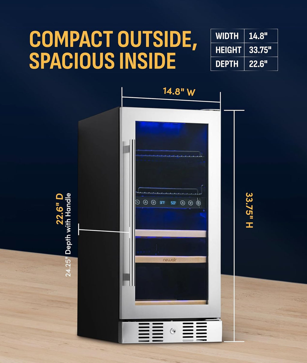 NewAir 15' Dual Zone Beverage Refrigerator & Wine Cooler for 9 Bottles & 48 Cans | Freestanding or Built-In Under Counter Mini Fridge for Beer, Wine and Soda | Stainless Steel