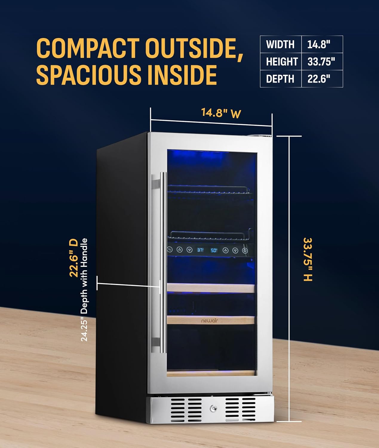 NewAir 15' Dual Zone Beverage Refrigerator & Wine Cooler for 9 Bottles & 48 Cans | Freestanding or Built-In Under Counter Mini Fridge for Beer, Wine and Soda | Stainless Steel