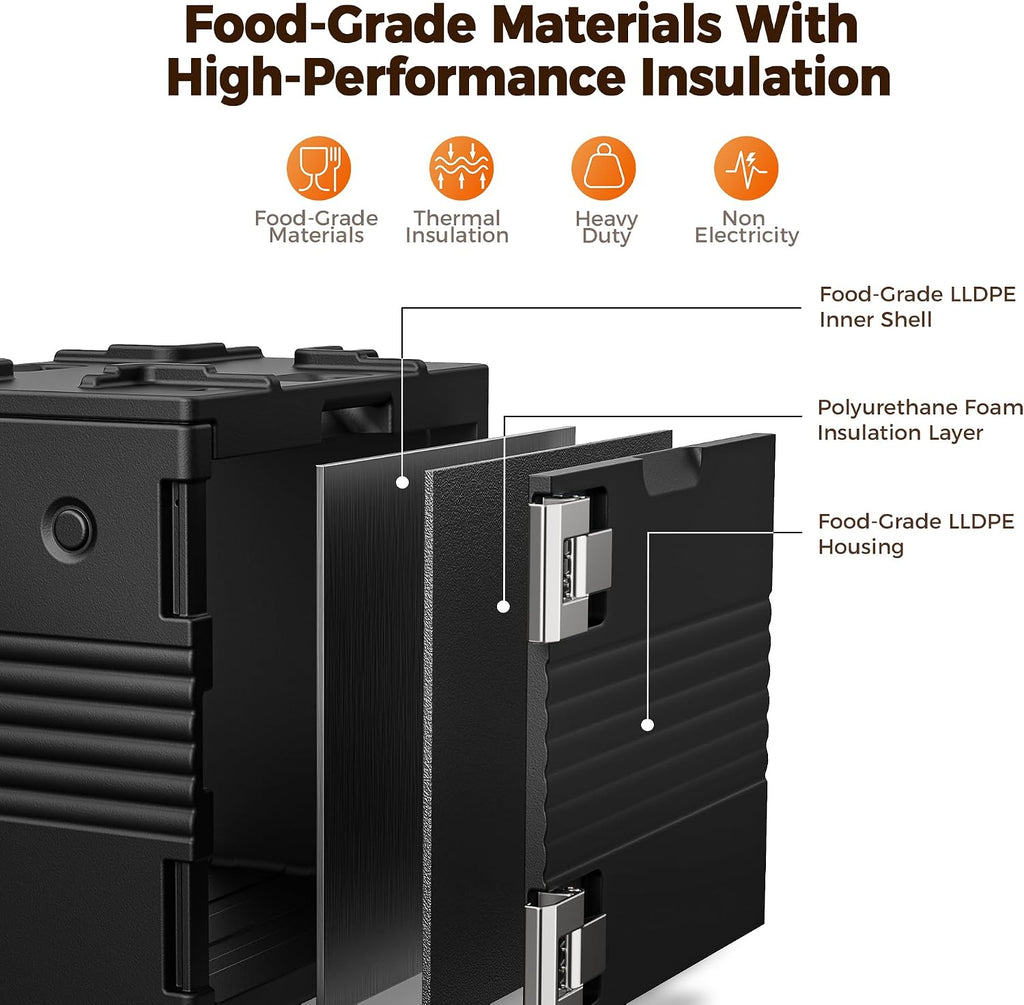 CAMMOO 95QT Non-Electrical Catering Food Warmers with Swivel Casters, 304 Stainless Steel Latch, Insulated Food Carrier for 6 Full-Size Pans(NOT INCLUDED), Food Warmer Hot Boxes for Catering BBQ Event