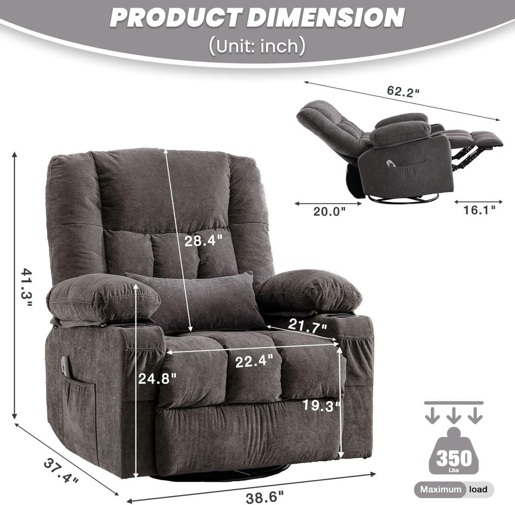 BOSMILLER Oversized Recliner Chair for Adults with Vibration Massage and Lumbar Heating Swivel Rocker Recliner with Cup Holder and USB Charge Port for Living Room