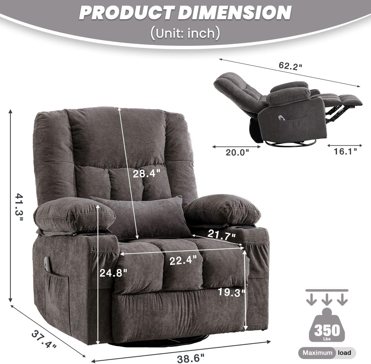 BOSMILLER Oversized Recliner Chair for Adults with Vibration Massage and Lumbar Heating Swivel Rocker Recliner with Cup Holder and USB Charge Port for Living Room