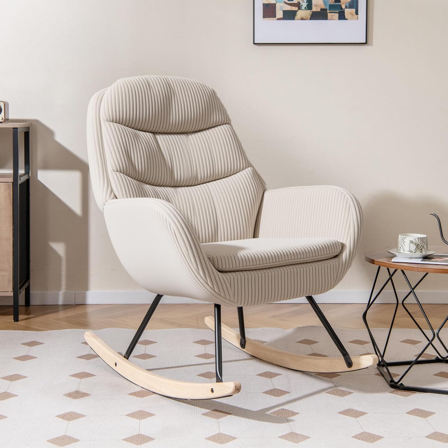 Giantex Rocking Chair Nursery, Upholstered Glider Rocker with Padded Backrest & Seat, Rubber Wood Feet & Sturdy Metal Frame, Modern Accent Chair Comfy Armchair for Living Room, Bedroom & Office (1)