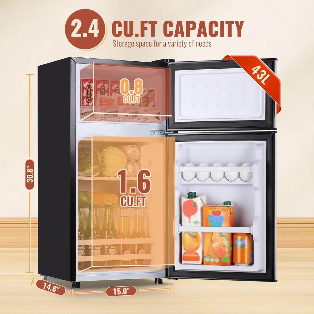 DEMULLER 2.4 Cu.ft Mini Fridge with Double Doors Silver Small Refrigerator with Separate Freezer & 7 Adjustable Temperature Control, Tiny Size & Personal Fridge Ideal for Office Apartment Dorm