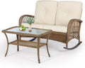 VIVIJASON Outdoor Wicker Loveseat Rocking Chair with Coffee Table, 2-Person Patio Rattan Rocker Sofa Set with Thick Cushions, All-Weather Loveseat Rocker for Porch, Backyard & Garden