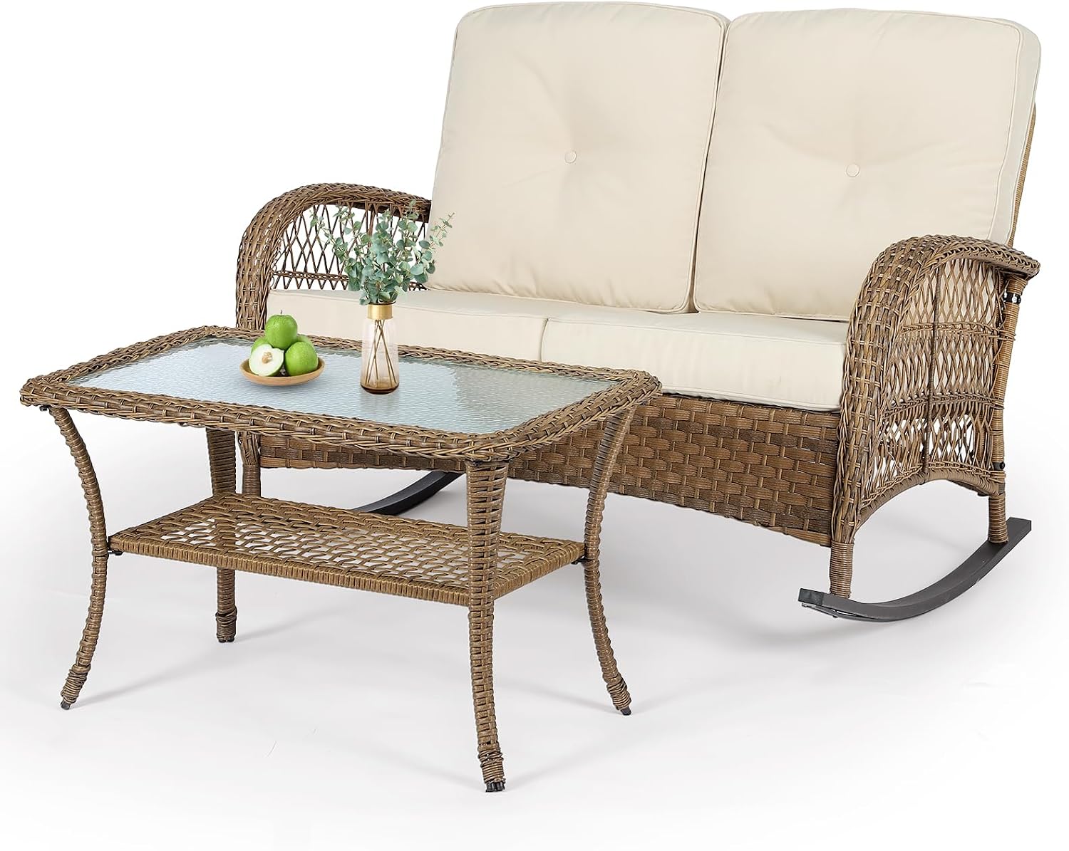 VIVIJASON Outdoor Wicker Loveseat Rocking Chair with Coffee Table, 2-Person Patio Rattan Rocker Sofa Set with Thick Cushions, All-Weather Loveseat Rocker for Porch, Backyard & Garden