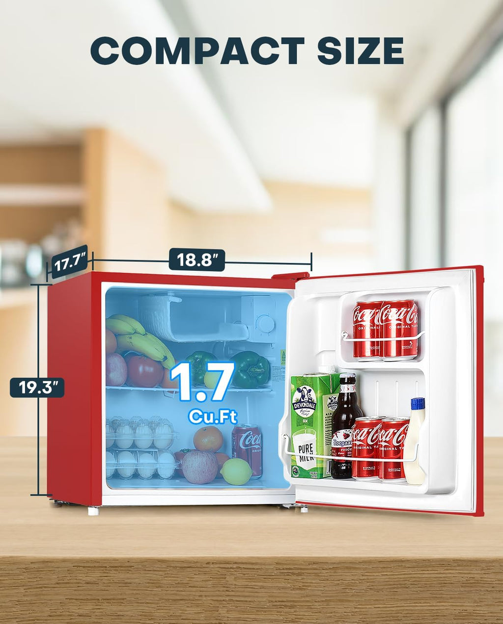 Upstreman 1.7 Cu.ft Mini Fridge with Freezer, Dorm Essentials, Adjustable Thermostat, Energy Saving, Low Noise, Single Door Compact Refrigerator for Dorm, Office, Bedroom, Red-FR17