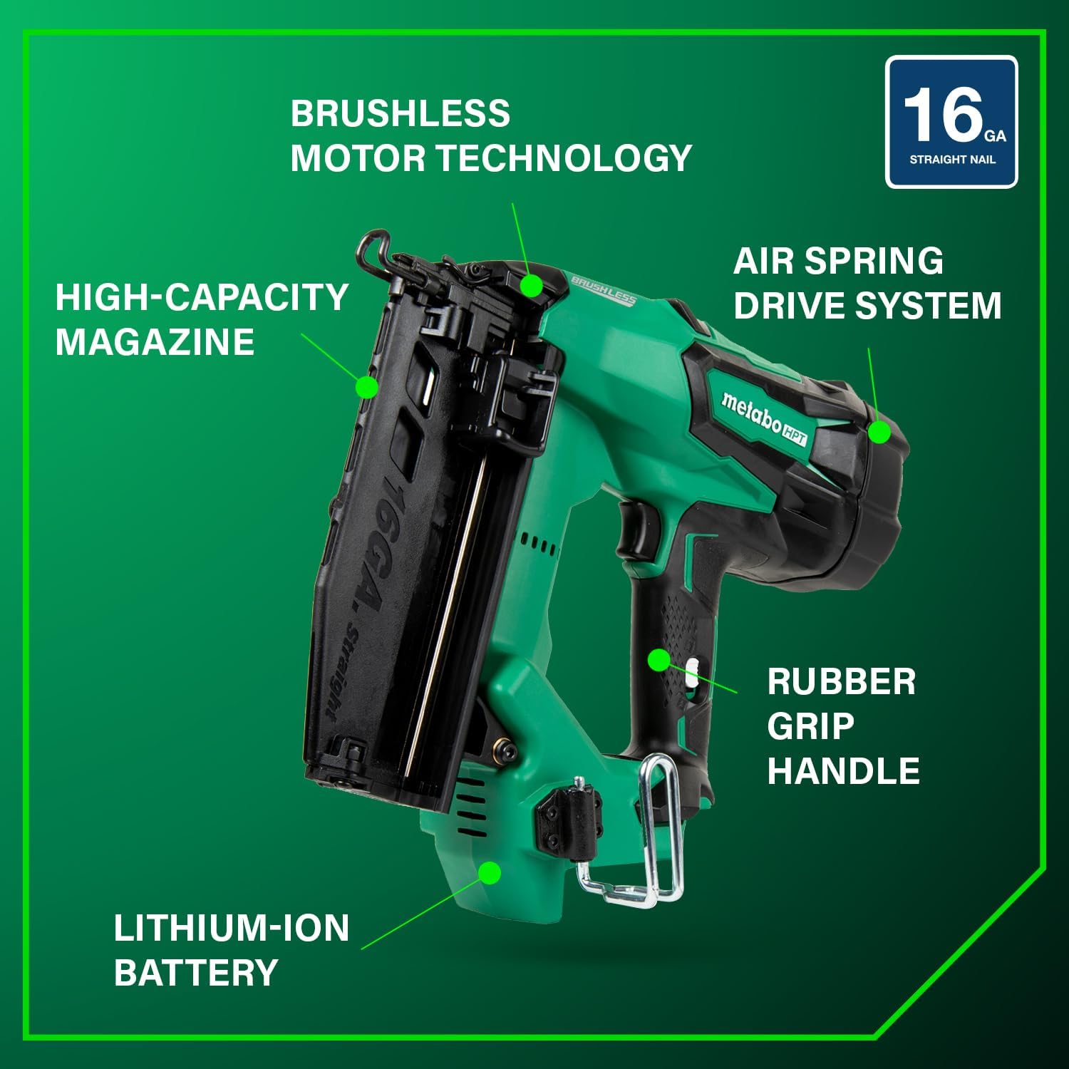 Metabo HPT 18V MultiVolt Brushless Cordless Finish Nailer Kit, 16 Gauge Straight Finish Nailer with Power Tool 2.0Ah Lithium Ion Battery, Drives 1' to 2-1/2' Nails, NT1865DMST