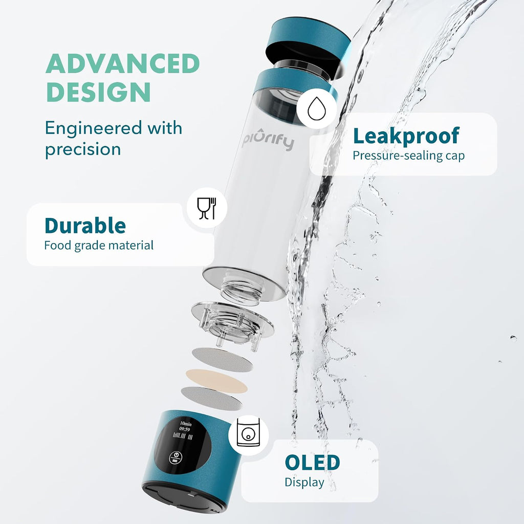 PIURIFY Hydrogen Water Bottle Generator - Up to 4100+ PPB Molecular Hydrogen Infusion - SPE/PEM Technology - Certified H2 Generator - Rechargeable - Extended Warranty - 10 oz (Turquoise)