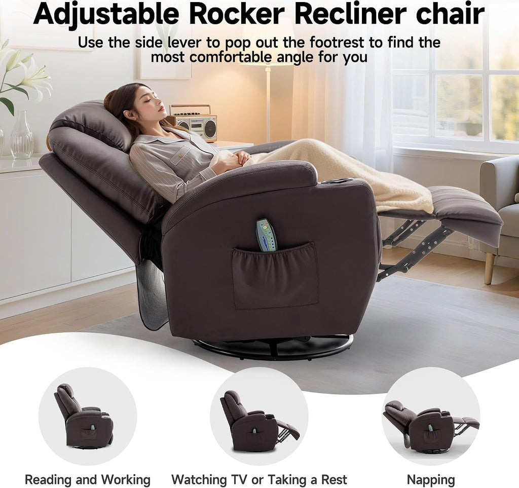 Korser Recliner Chair, Rocker Recliner Chair with Massage and Heat, Manual Recliner Chairs for Adults, 360° Swivel Rocker Recliner with Remote Control and Cup Holder for Living Room, Nursery
