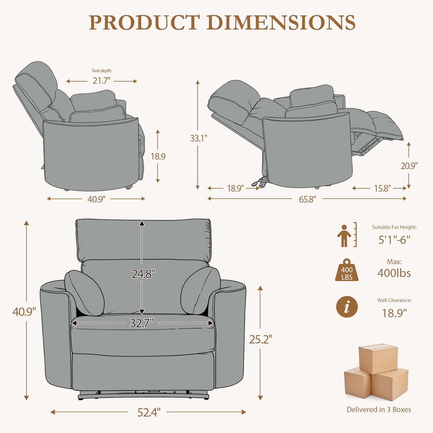 450lbs Oversized Power Recliner Chair for Big and Tall Adults, 52' Extra Wide Electric Recliner with USB & Type-C Ports, Chenille Fabric Single Sofa Chair for Living Room & Bedroom, Black