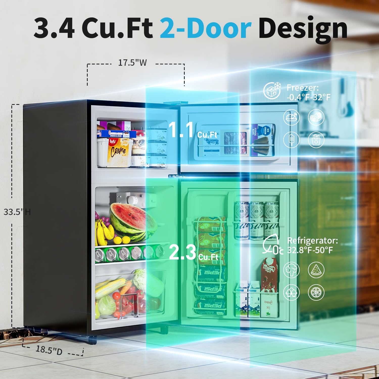 Tehanld Double Door Refrigerator with Freezer, Mini Fridge for Bedroom Office Dorm and Apartment, Small Compact Refrigerators with Wheels, Low Noise, Energy Saving (Black, 3.4Cu.Ft)