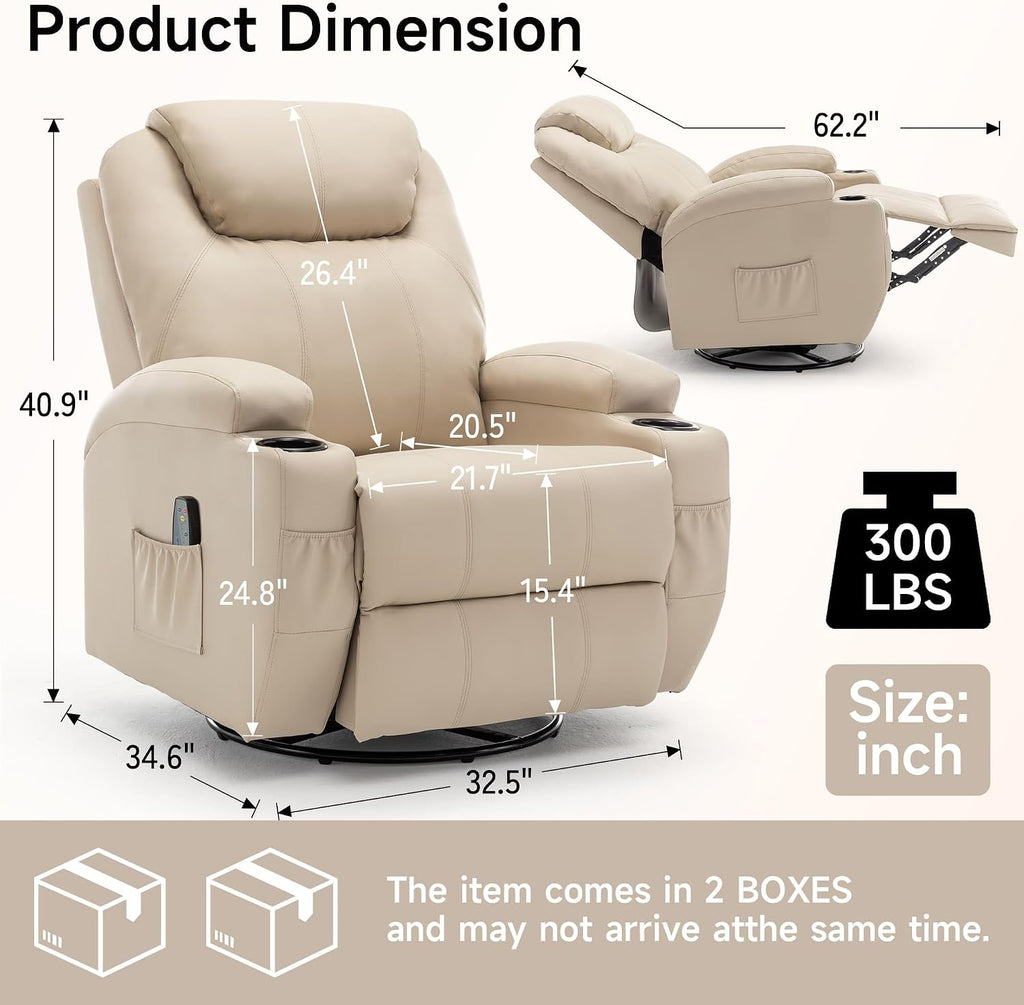Korser Recliner Chair, Rocking Chair with Massage and Heat, 360° Swivel Recliner Chairs for Adults, Rocker Manual Recliner with Remote Control and Cup Holder for Living Room, Bedroom, Nursery