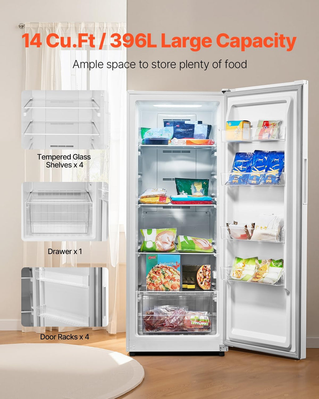 VEVOR Convertible Freezer/Refrigerator, 14 Cu.Ft Frost Free Upright Freezer with Temp Control Panel, Door Open too Long Alarm, Adjustable Shelves and LED, Standing Fridge for Kitchen, Office, Garage