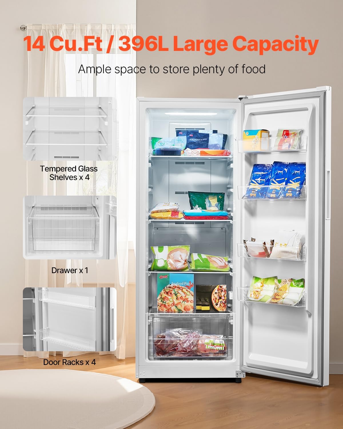 VEVOR Convertible Freezer/Refrigerator, 14 Cu.Ft Frost Free Upright Freezer with Temp Control Panel, Door Open too Long Alarm, Adjustable Shelves and LED, Standing Fridge for Kitchen, Office, Garage