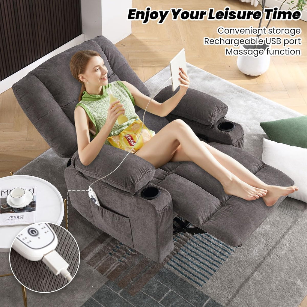 BOSMILLER Oversized Recliner Chair for Adults with Vibration Massage and Lumbar Heating Swivel Rocker Recliner with Cup Holder and USB Charge Port for Living Room