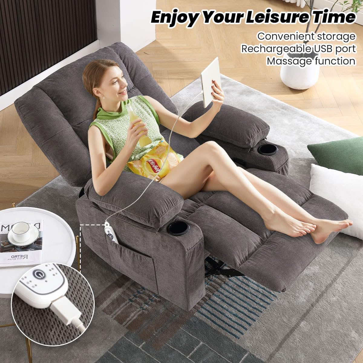 BOSMILLER Oversized Recliner Chair for Adults with Vibration Massage and Lumbar Heating Swivel Rocker Recliner with Cup Holder and USB Charge Port for Living Room