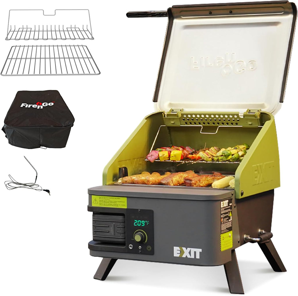 EXIT Fire'n'Go 20V Portable Wood Pellet Grill Smoker, Electric Tabletop Pellet Smoker, 287 Sq.In. Cooking Area, Temperature Control (160-500°F) Outdoor BBQ Grill for Camping, Tailgating, RV, EX110