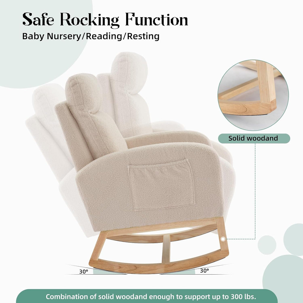 GAOMON Rocking Chair Glider for Nursery, Comfy Rocker Nursery with Side Pocket & High Backrest, Baby Rocking Chair for Breastfeeding, Upholstered Rocker & Living Room, Beige
