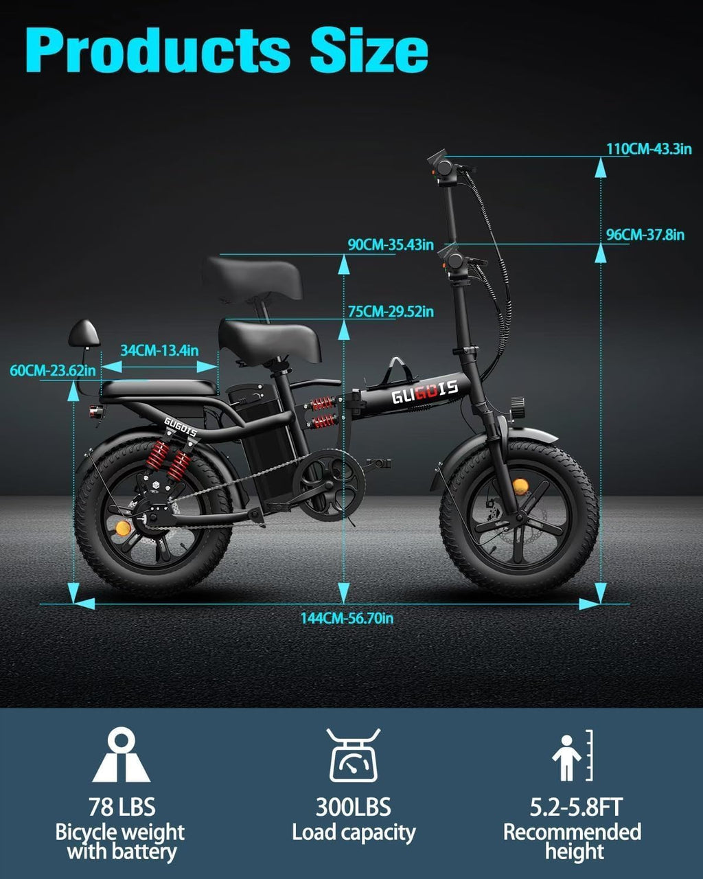 Folding Electric Bike for Adults, 2 Seater Electric Bike, 750W/1000W Peak Motor, 48V Removable Battery, Up to 28/30MPH & 45/60Miles, 16'/20' Tire Ebike, All-Terrain Foldable Electric Bicycles