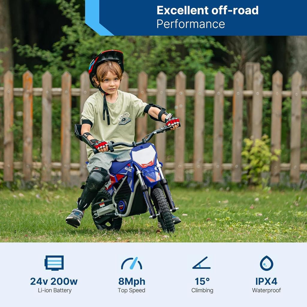 Electric Dirt Bike for Kids 3-7, 200W Powerful Racing Experience Motorcycle, Up to 8.0MPH, 2 Speed Settings, 12-Inch Off-Road Tires, Rear Disc Brakes & Advanced Suspension, Blue