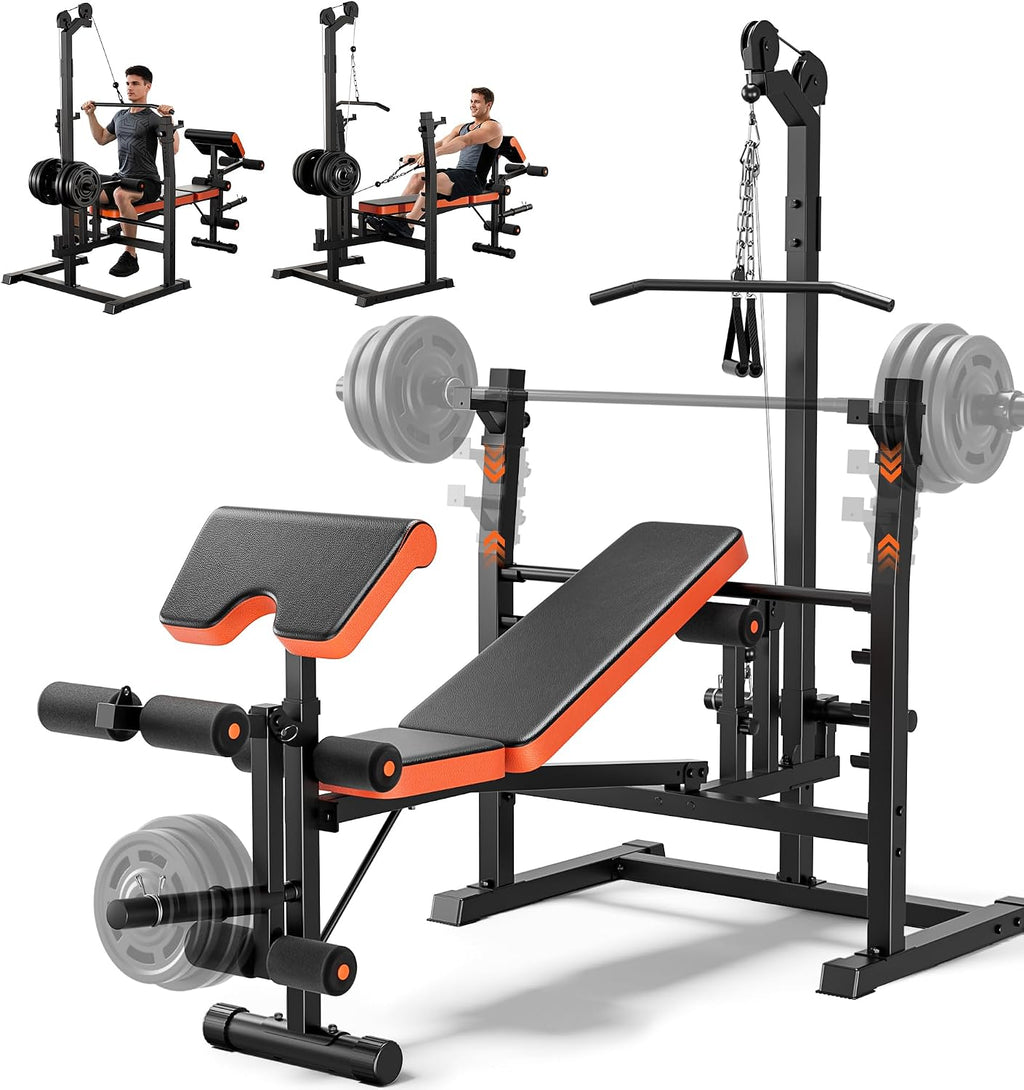 9-in-1 Adjustable Olympic Weight Bench with Lat Pulldown, Row, Squat Rack & Leg Curl – Multi-Function Strength Training Bench Press for Home Gym Full Body Workout