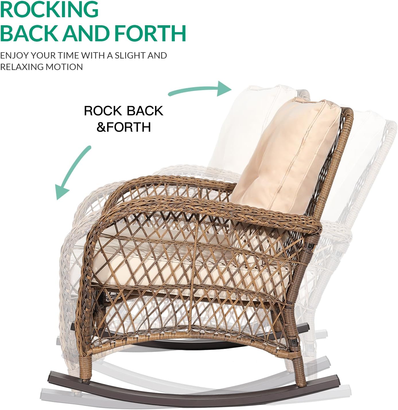 VIVIJASON Outdoor Wicker Rocking Chair, Patio Rattan Rocker Chair with Cushions & Steel Frame, All-Weather Rocking Lawn Wicker Furniture for Garden Backyard Porch (Beige)