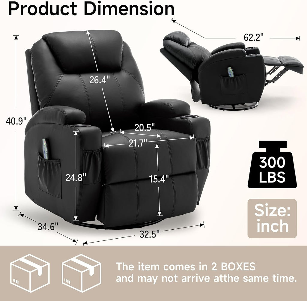 Korser Recliner Chair, Rocking Chair with Massage and Heat, 360° Swivel Recliner Chairs for Adults, Rocker Manual Recliner with Remote Control and Cup Holder for Living Room, Bedroom, Nursery