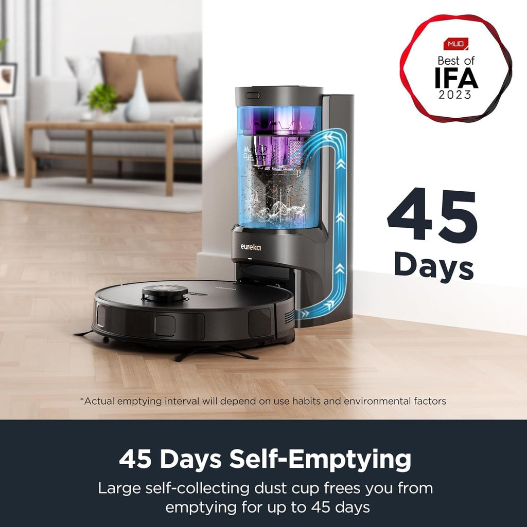 Eureka Robot Vacuum with Bagless Self Emptying Station, Robotic Vacuum Cleaner, 45-Day Capacity, 3000Pa Suction, LiDAR Navigation, NER E10s BK