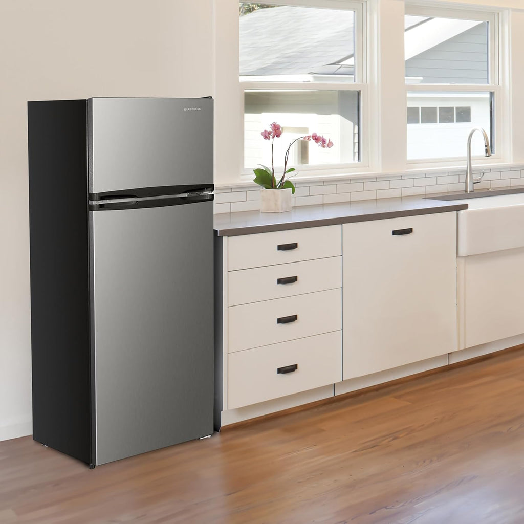 West Bend Apartment Refrigerator Freestanding Reversible Dual Doors Full Fridge with Freezer, Full-Range Temperature Control with Adjustable and Removable Door Bins and Shelves, 7.5-Cu.Ft, Metallic