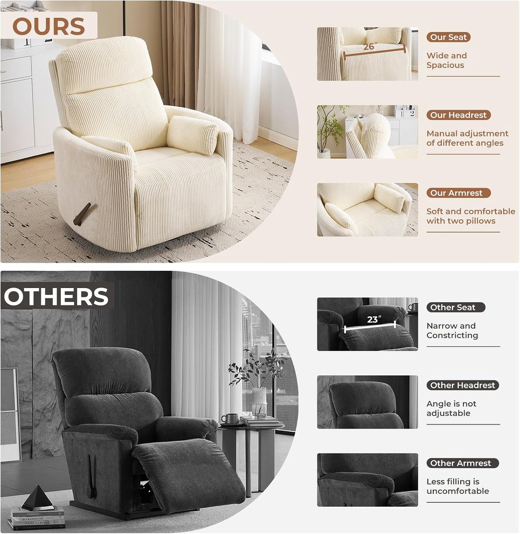 Oversized Swivel Rocker Recliner with Massage and Heat, Swivel Nursery Recliner with Adjustable Headrest, Manual Rocker Recliner Chair with Two Removable Pillows, Rocking Nursery Chair,Corduroy Beige