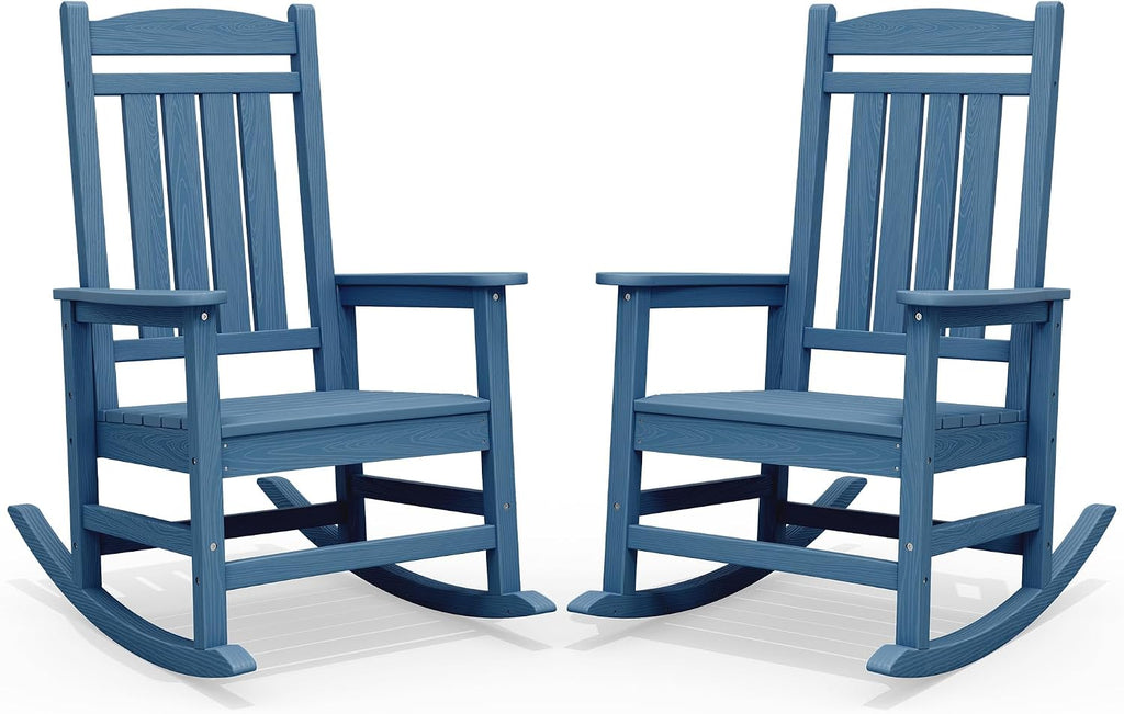 SERWALL Oversized Rocking Chairs Set of 2, HDPE Outdoor Rocking Chair, All-Weather Porch Rockers for Patio, Blue