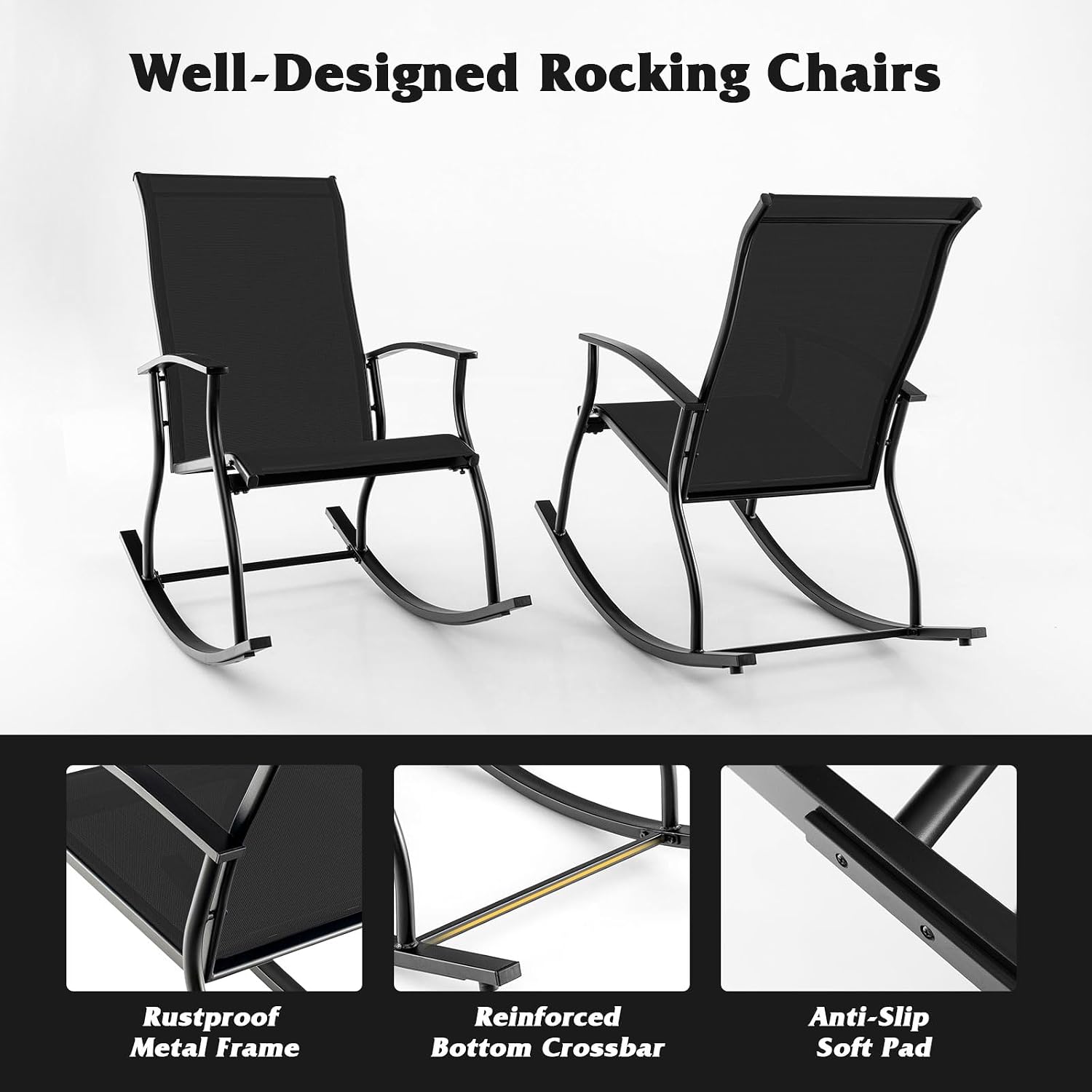 Giantex Outdoor Rocking Chair Set of 2 - Patio Rocking Chairs w/Breathable Backrest, Sturdy Metal Frame & Safe Ergonomic Design, Cozy Fabric Rocker for Backyard, Poolside, 330 lbs, Black