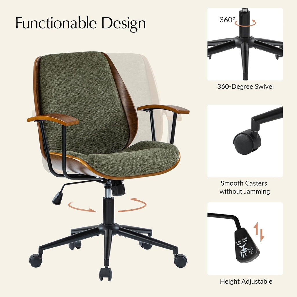 HULALA HOME Solid Wood Office Chair with Rocking Function, Comfy Fabric Desk Chair with Bent Wood and Metal Base, Height Adjustable Swivel Computer Task Chair, Green