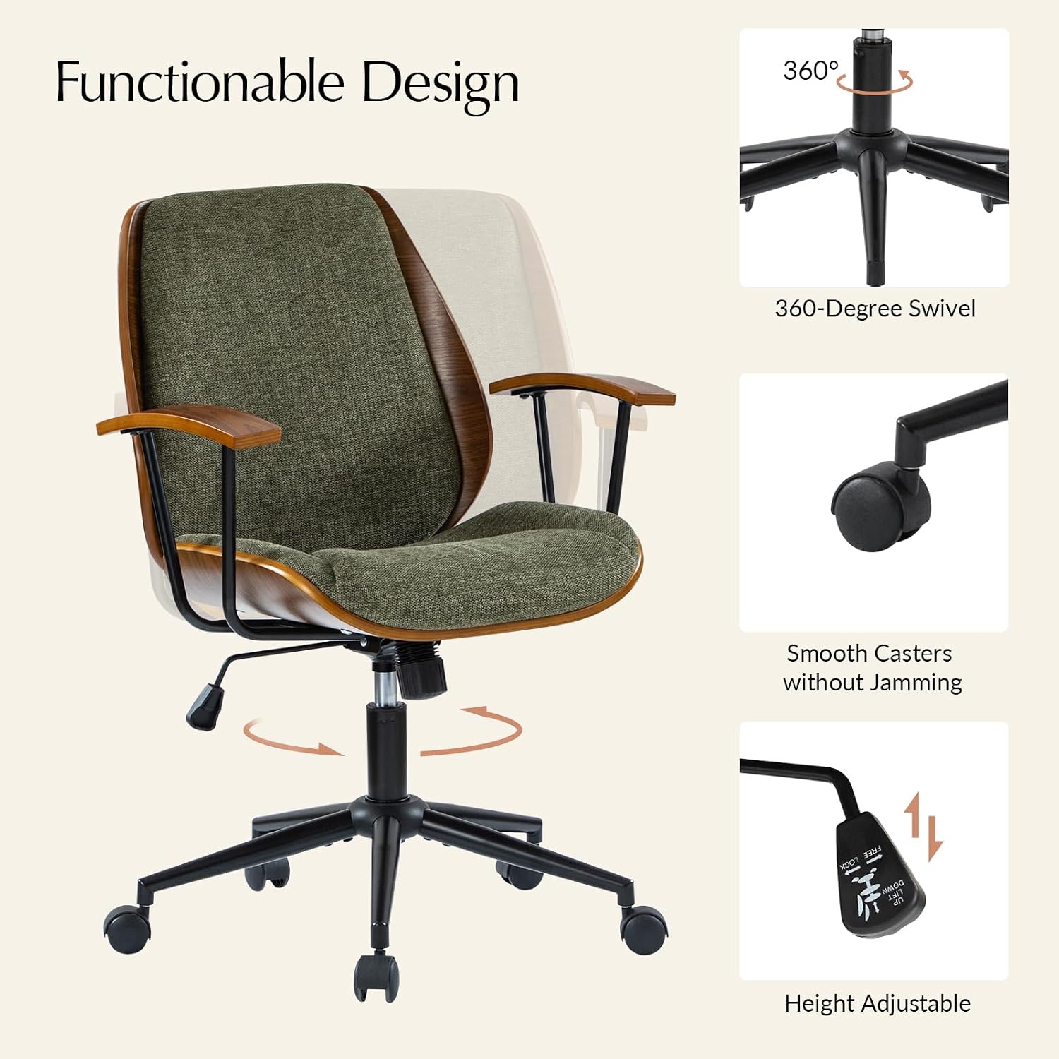 HULALA HOME Solid Wood Office Chair with Rocking Function, Comfy Fabric Desk Chair with Bent Wood and Metal Base, Height Adjustable Swivel Computer Task Chair, Green