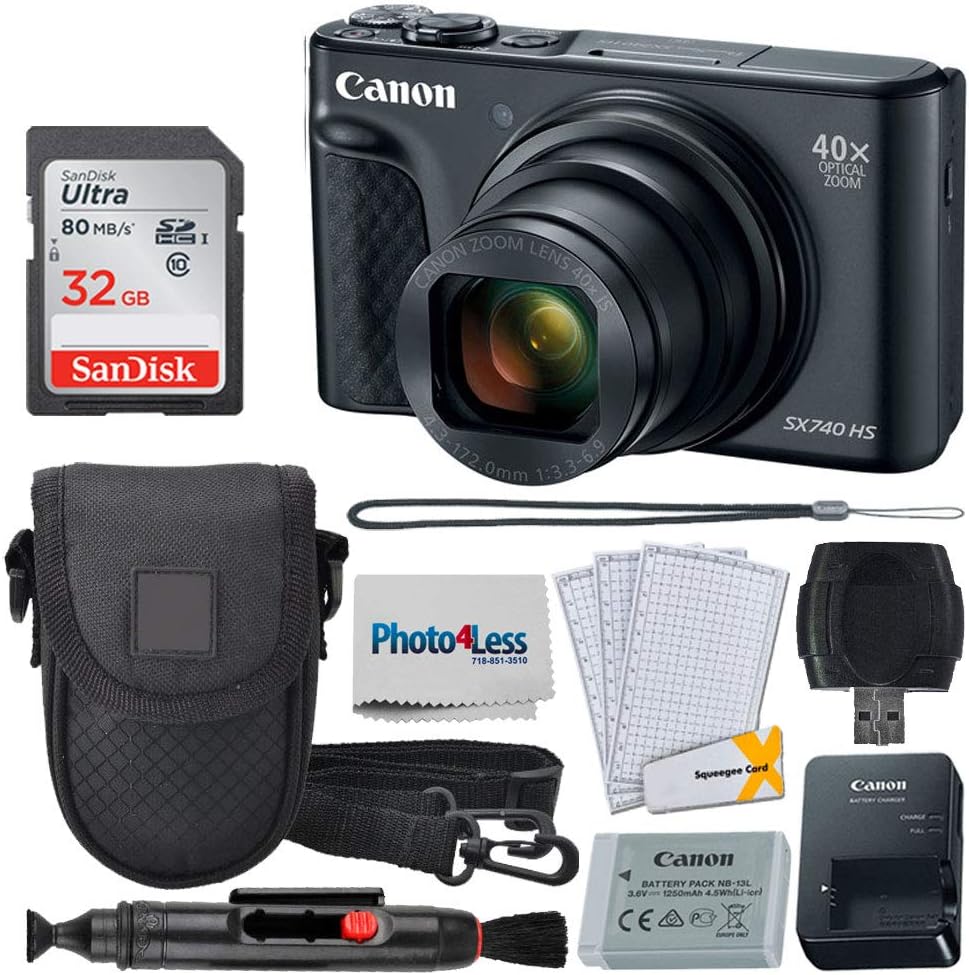 Canon PowerShot SX740 HS Digital Camera + 32GB Memory Card + Point & Shoot Case + USB Card Reader + Lens Cleaning Pen + LCD Screen Protectors + Photo4Less Cleaning Cloth – Accessory Bundle (Black)