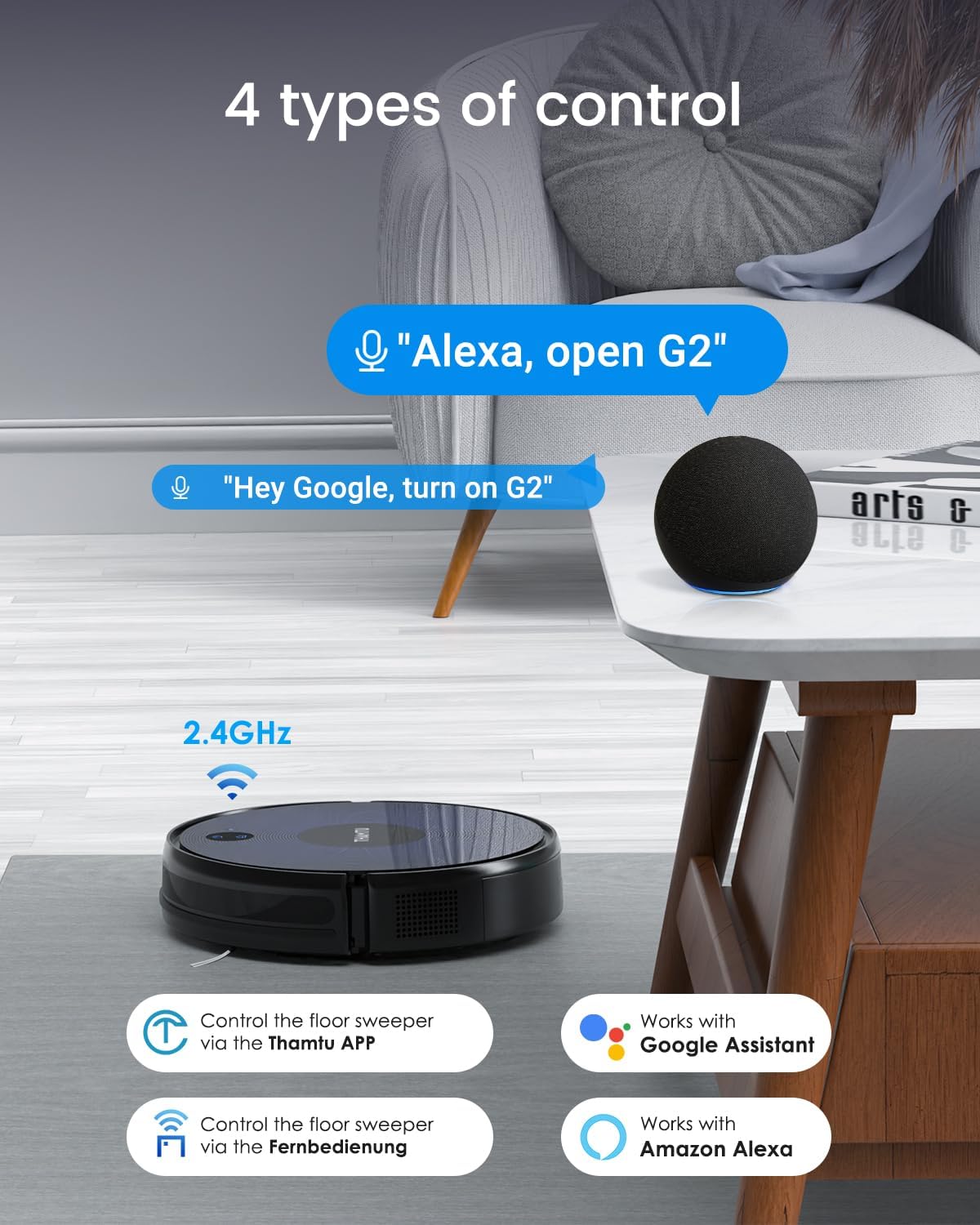 Robot Vacuum and Mop Combo, 100Min Runtime, APP&Voice Control, Ultra-Thin, Tangle-Free, Self-Charging Robotic Vacuum Cleaner, Good for Pet Hair, Hard Floor and Medium-Pile Carpet