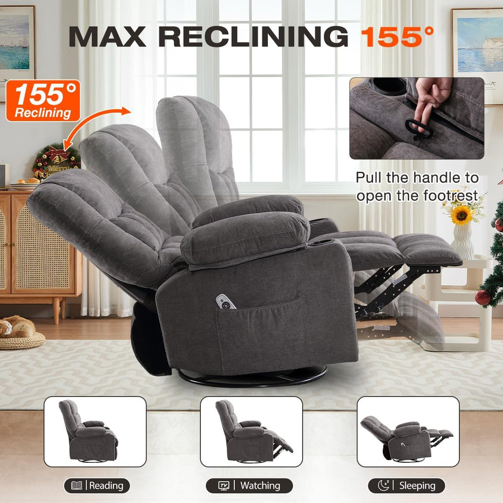 Swivel Recliner Chair for Adults,Oversized Rocker Recliner with Vibration Massage and Lumbar Heat,Ergonomic Rocking Chair with Side Pocket,2 Cup Holders,USB Charge Port for Living Room