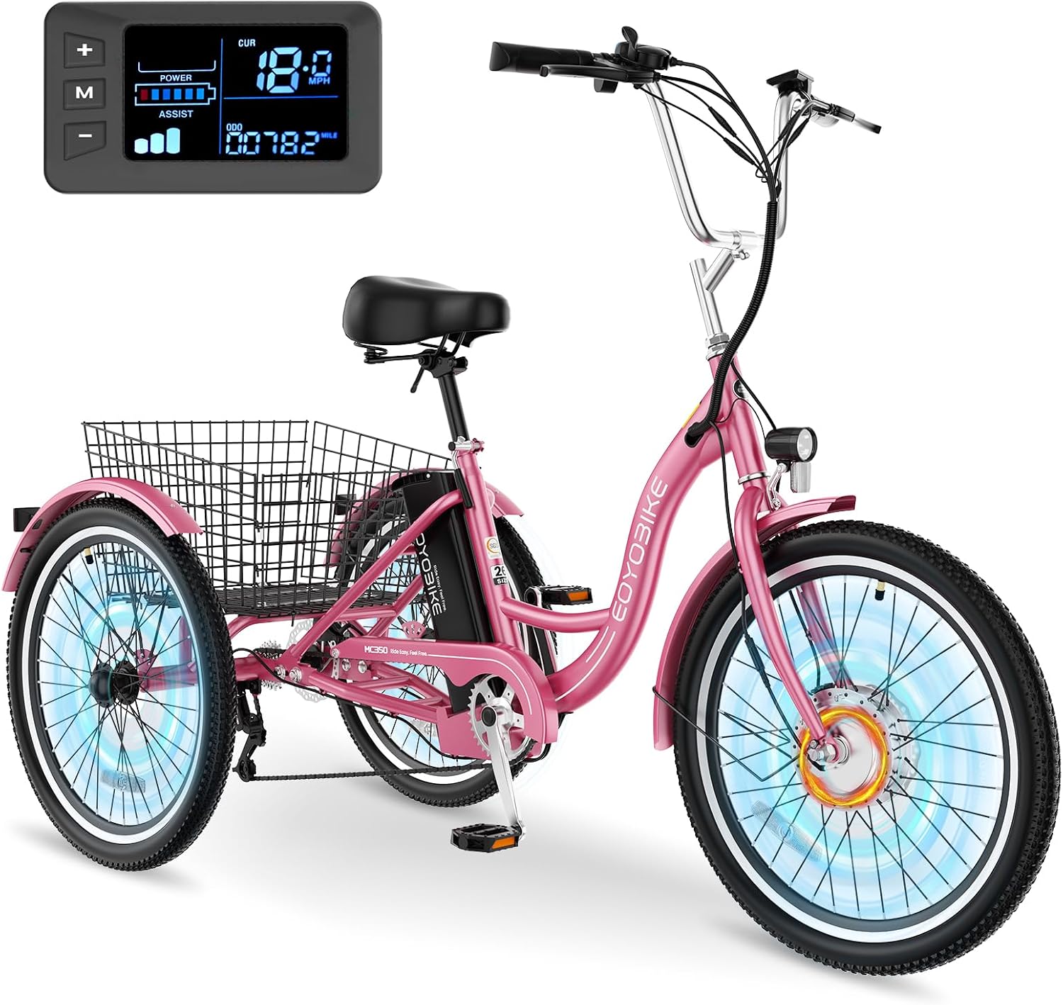 MOONCOOL Electric Tricycle for Adults, 350W 36V Removable Battery, 7 Speeds 3 Wheels Electric Trikes with Large Basket Up to 60Miles