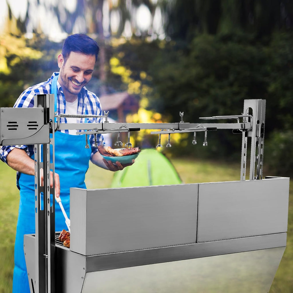 25w 48.6in Electric Rotisserie Grill Portable 176lbs Portable Stainless Steel Rotisserie Grill Roster With Wheels, Motor, Wind Baffle For Pig Chicken Lamb Rotisseries Roasting Machine