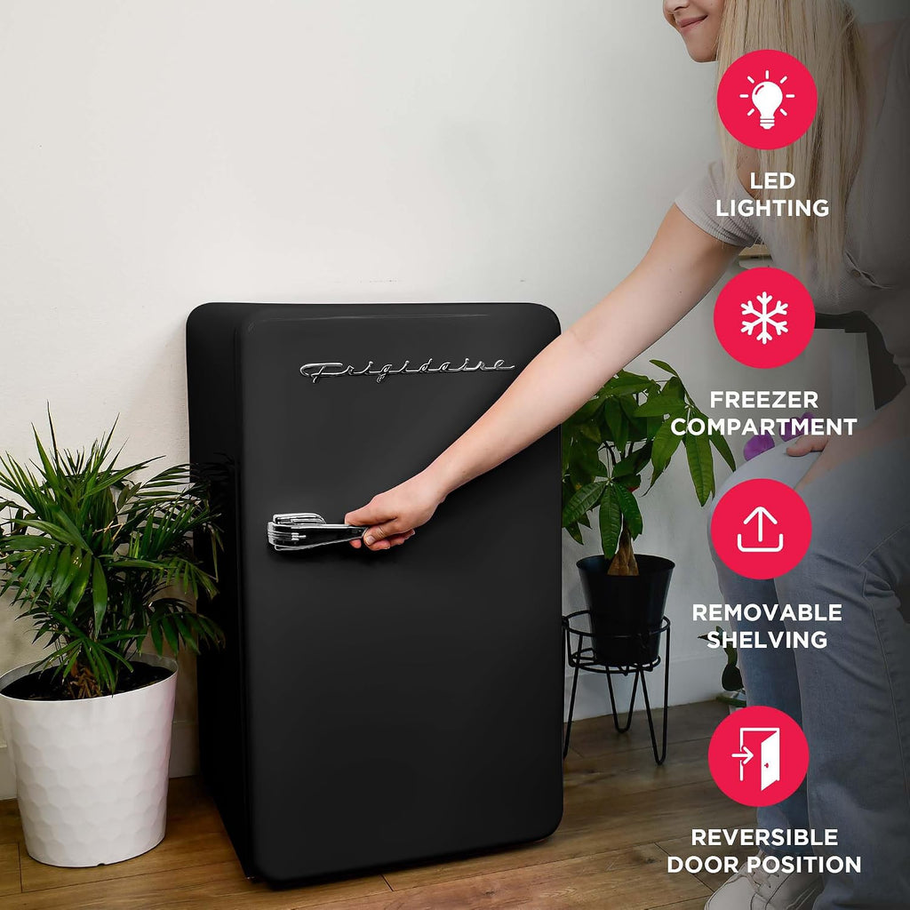 Frigidaire Retro Compact Refrigerator with Chiller, 3.2 cu ft Countertop Fridge, Built-In Bottle Opener, Rounded Corners, Premium, for Office, Bedroom, Dorm Room, Cabin, 18.5D x 20W x 31.5H (Black)