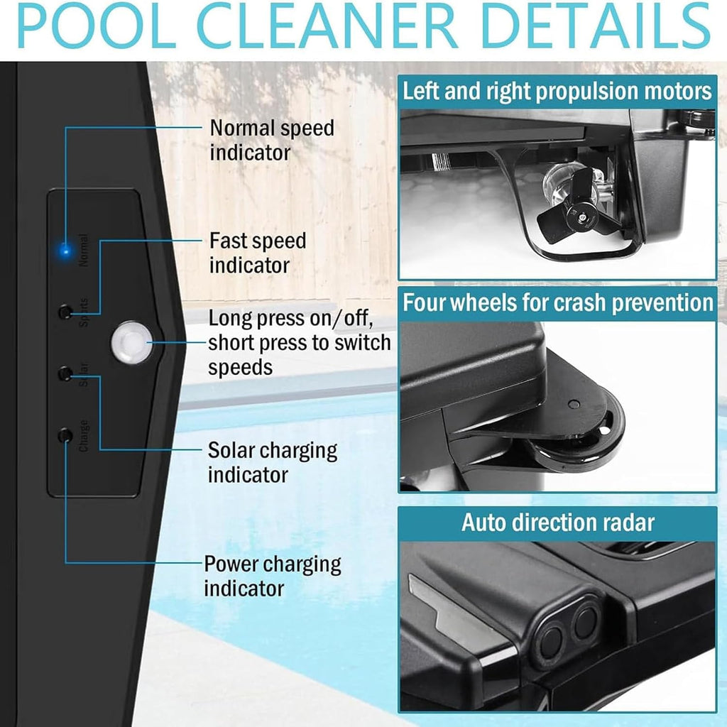 Solar Pool Skimmer, 2 Modes,Dual Charging Modes, Smart Obstacle Avoidance, for All Swimming Pool Types
