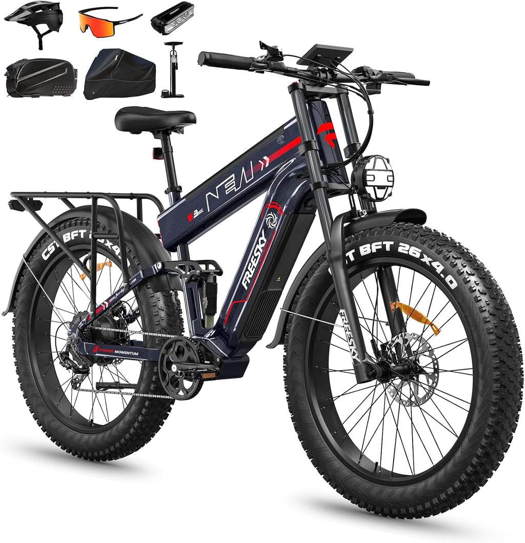 FREESKY Dual Battery Electric Bike for Adults, 48V 45AH 200 Miles Long Range E Bike, 4000W Motor 40MPH+, 26' Fat Tire Fast Mountain EBike, Full Suspension & Hydraulic Brakes, UL 2849 Certified by TÜV